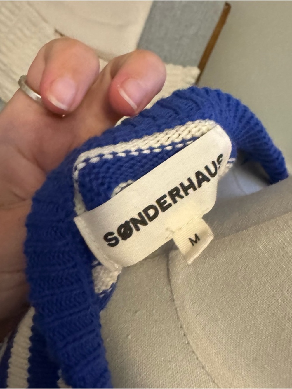 NWOT Sonderhaus "I Can't Believe It's Not Vintage" Crewneck in Cobalt Stripe - Picture 9 of 9